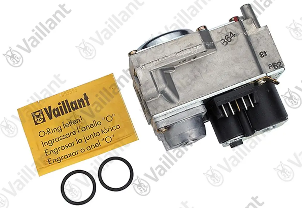 Vaillant Gasarmatur mit zwei O-Ringen und einer Anleitung zur Fettung des O-Ring-Anschlusses. Das Produkt ist aus Metall und zeigt verschiedene Anschlüsse.